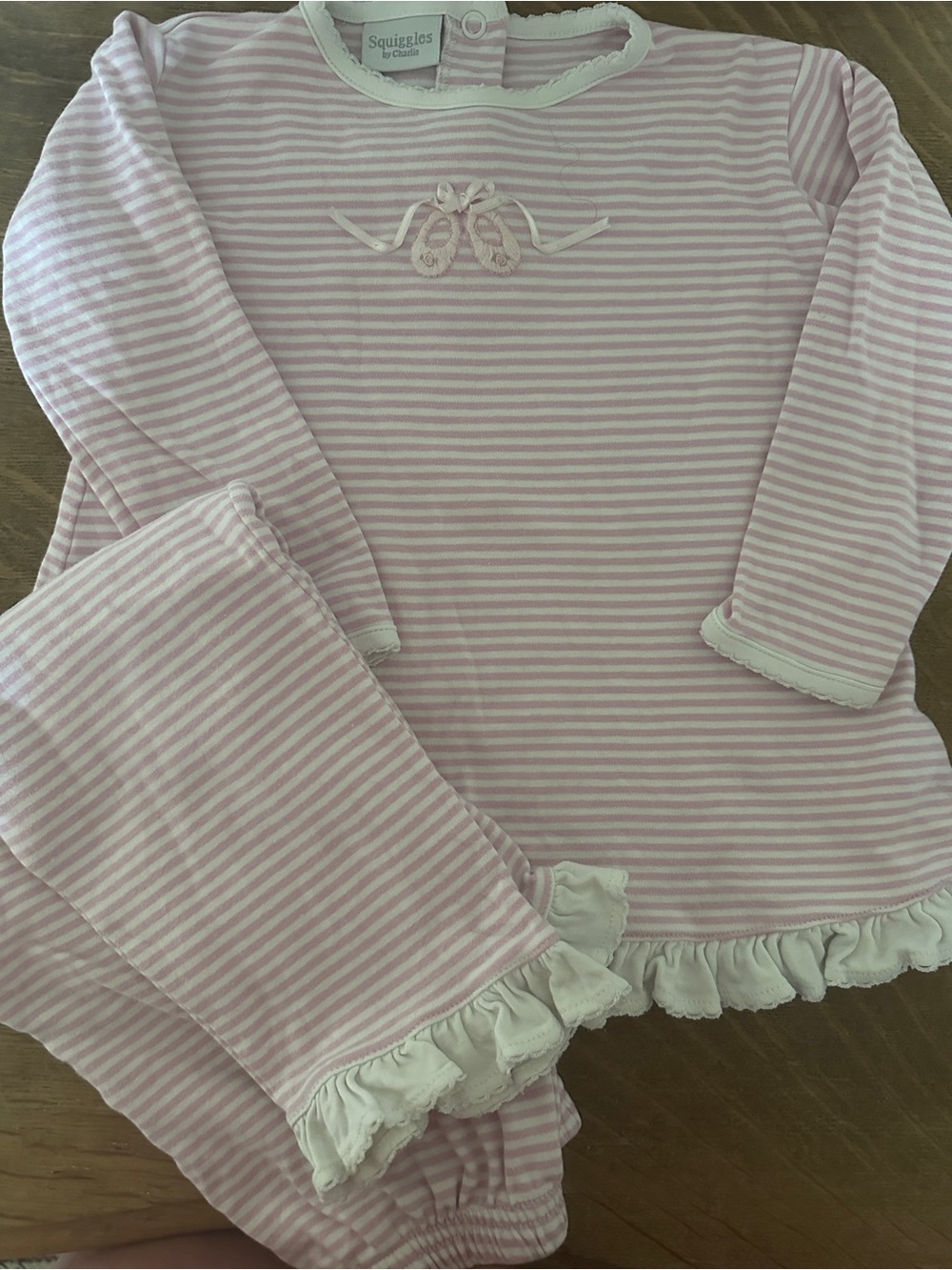 Squiggles Girls Pink Stripe Ballet Slipper Ruffle Pant Set